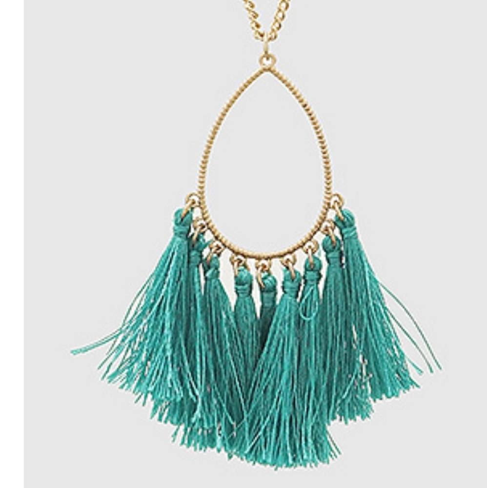 Teal fringed necklace